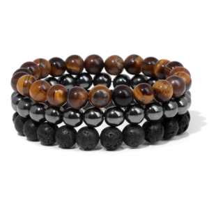 Gemstones Beaded Bracelets Healing Crystal Stone Stretch Elastic Bracelet Tiger Eye, Hematite & Lava Pack of 3