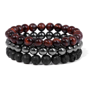 Gemstones Beaded Bracelets Healing Crystal Stone Stretch Elastic Bracelet Tiger Eye, Hematite & Lava Pack of 3