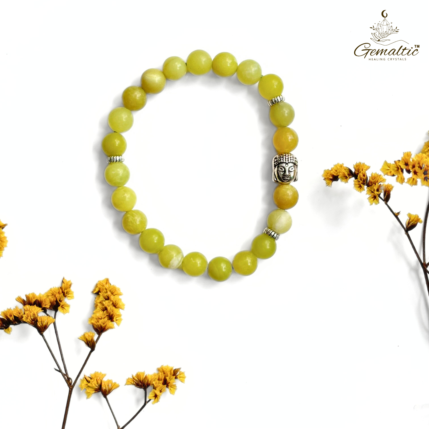 Lemon Jade Serpentine With Buddha Head 8MM Bracelet