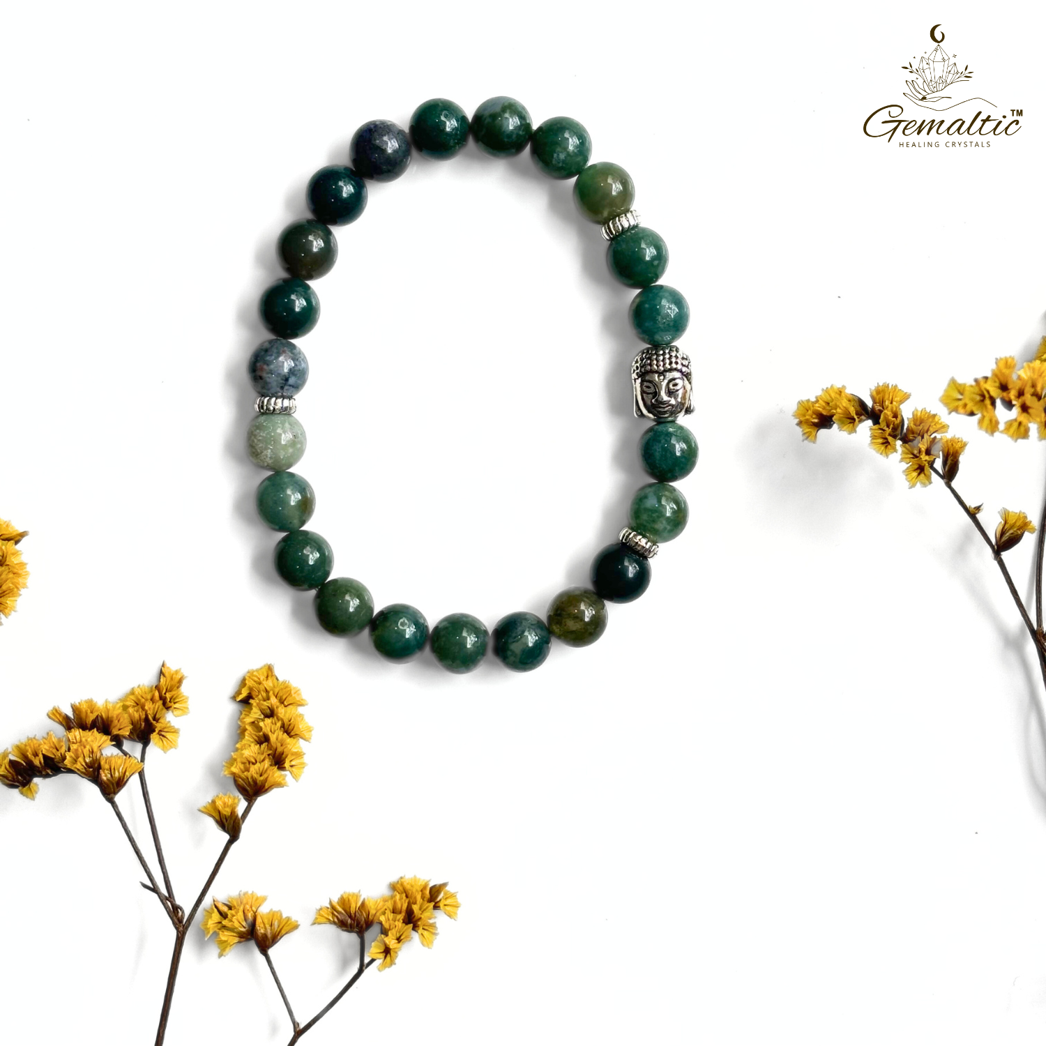 Moss Agate Moos Agate With Buddha Head 8MM Bracelet