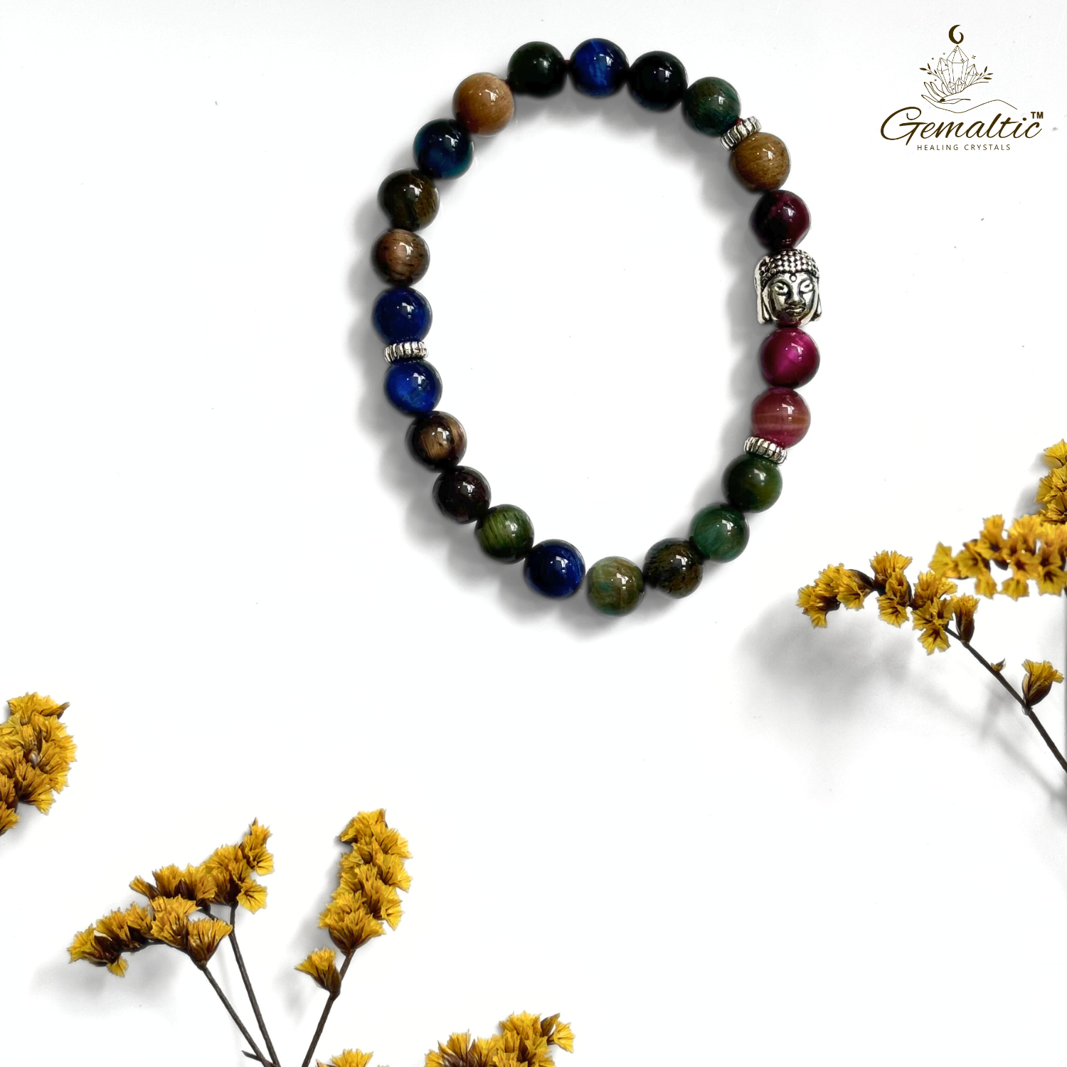 Multi Tiger Eye Rainbow Tiger Eye With Buddha Head 8MM Bracelet