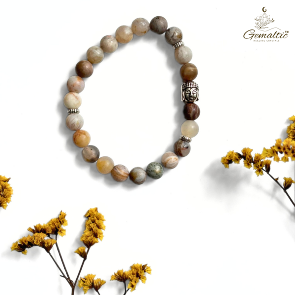 Bamboo Leaf Agate Bracelet With Buddha Head 8MM